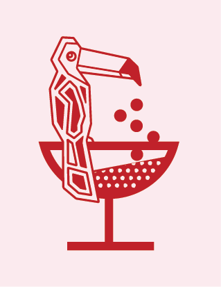 Geometric origami toucan illustration in red perched on a cocktail glass for Nosotros Tequila and Mezcal